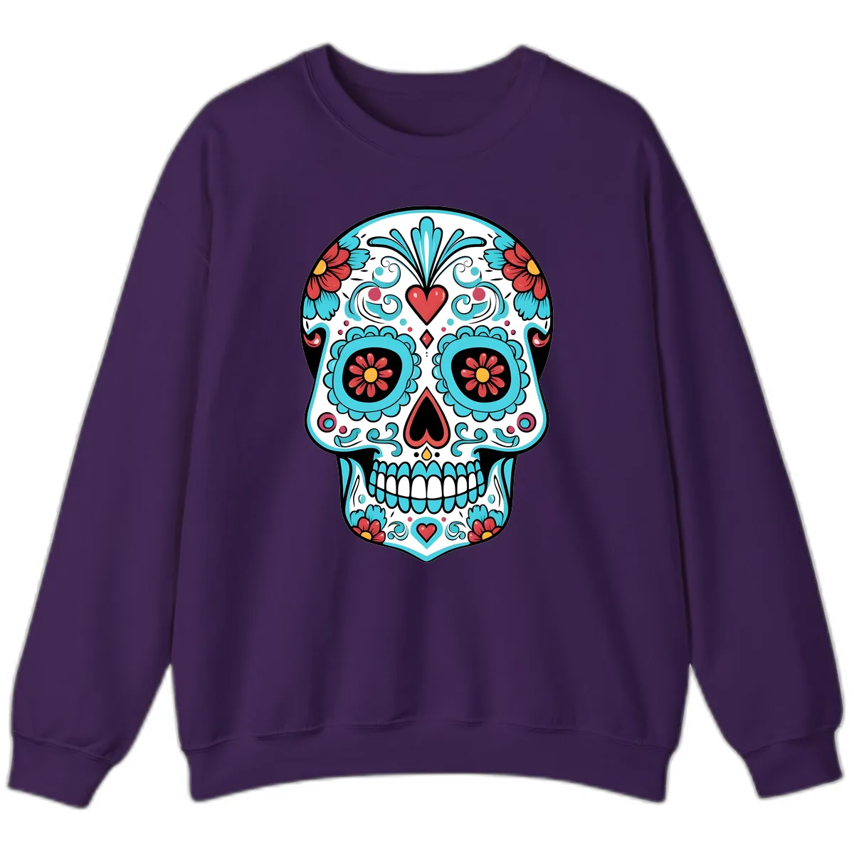 Vibrant Calavera Floral Heart Skull Sweatshirt in Purple