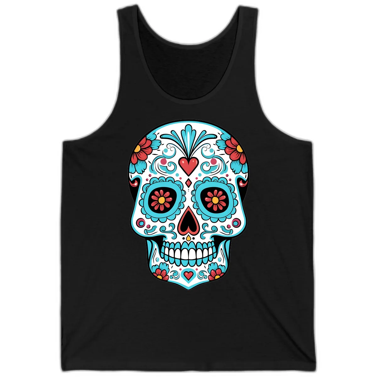 Vibrant Calavera Floral Heart Skull Tank in Black