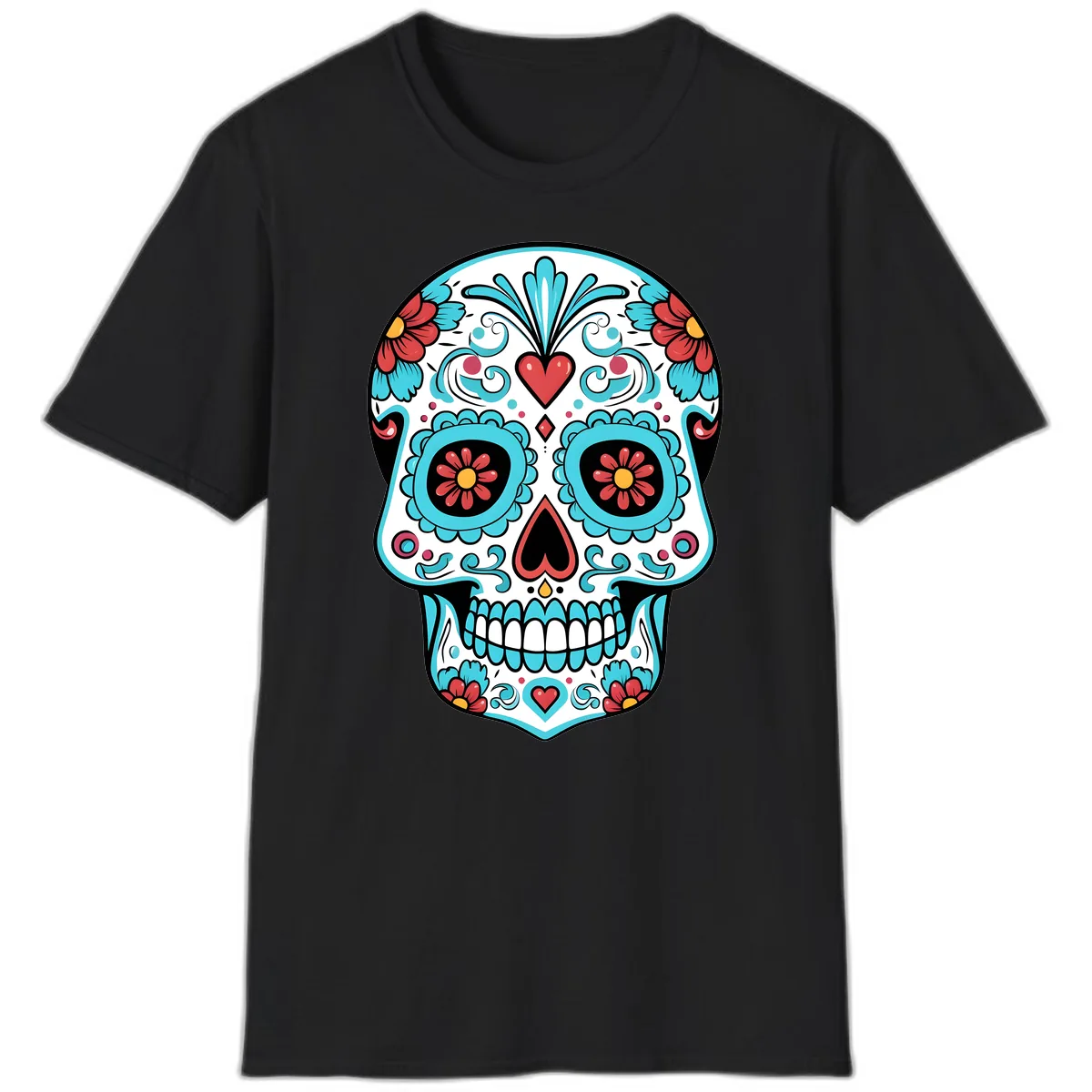 Vibrant Calavera Floral Heart Skull T-Shirt in Black