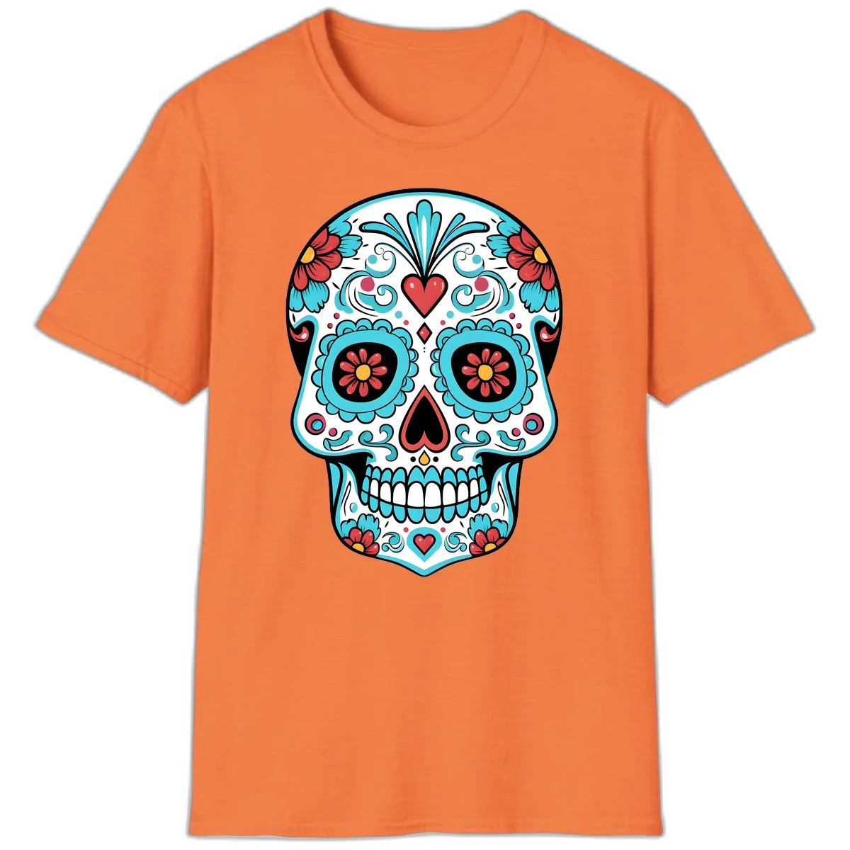 Vibrant Calavera Floral Heart Skull T-Shirt in Heather Orange