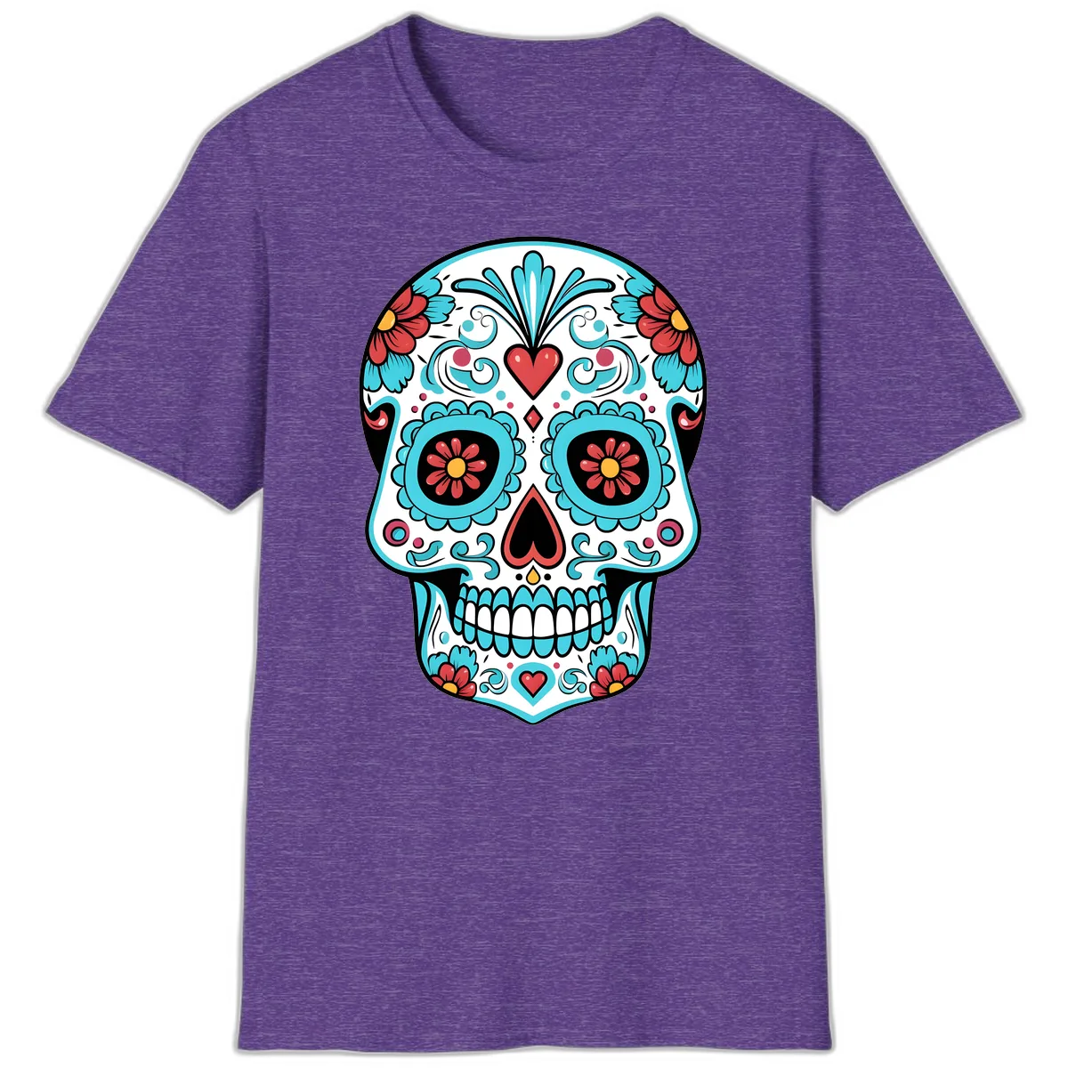 Vibrant Calavera Floral Heart Skull T-Shirt in Heather Purple