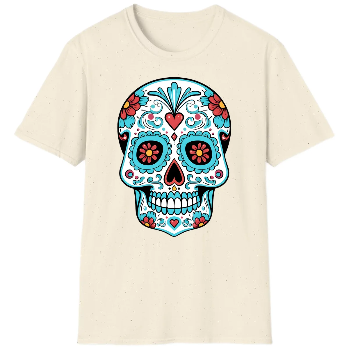 Vibrant Calavera Floral Heart Skull T-Shirt in Natural