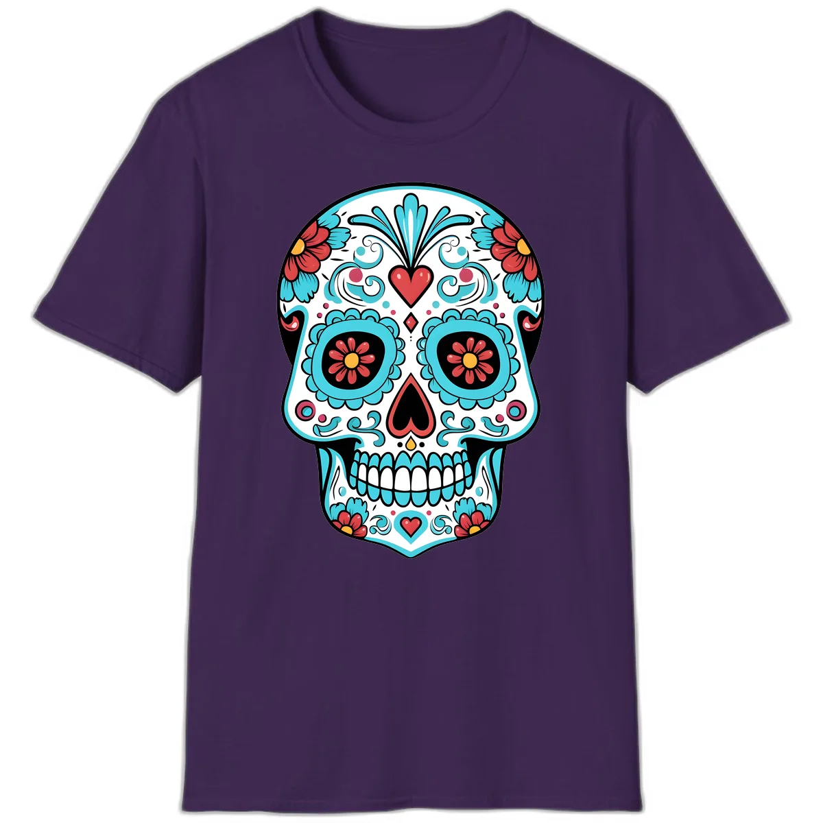 Vibrant Calavera Floral Heart Skull T-Shirt in Purple