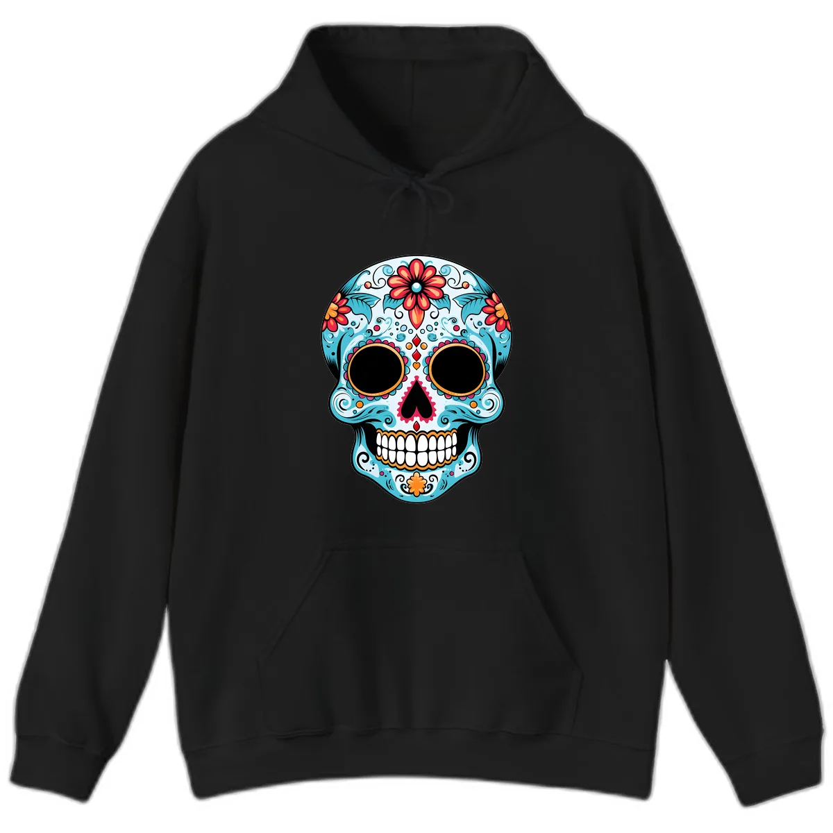 Vibrant Floral Day of the Dead Sugar Skull Hoodie in Black