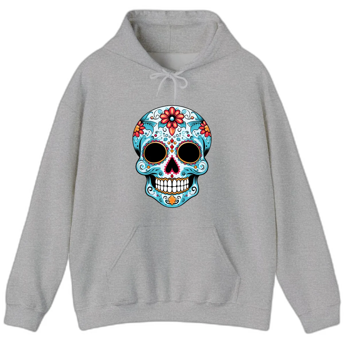 Vibrant Floral Day of the Dead Sugar Skull Hoodie in Sport Grey