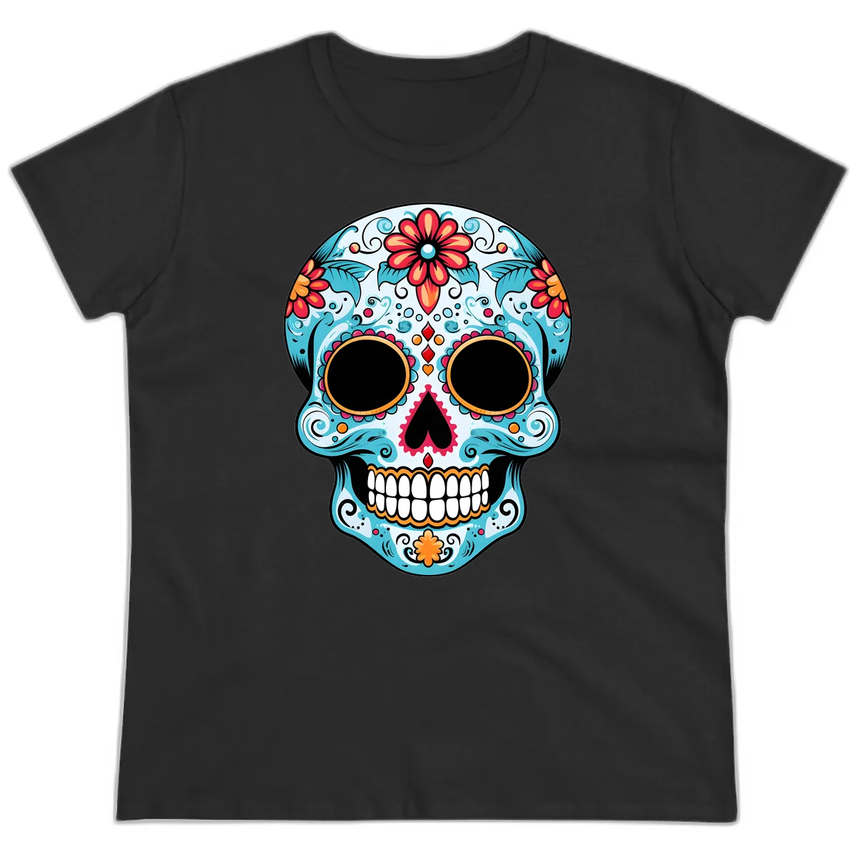 Vibrant Floral Day of the Dead Sugar Skull Ladies Tee in Black