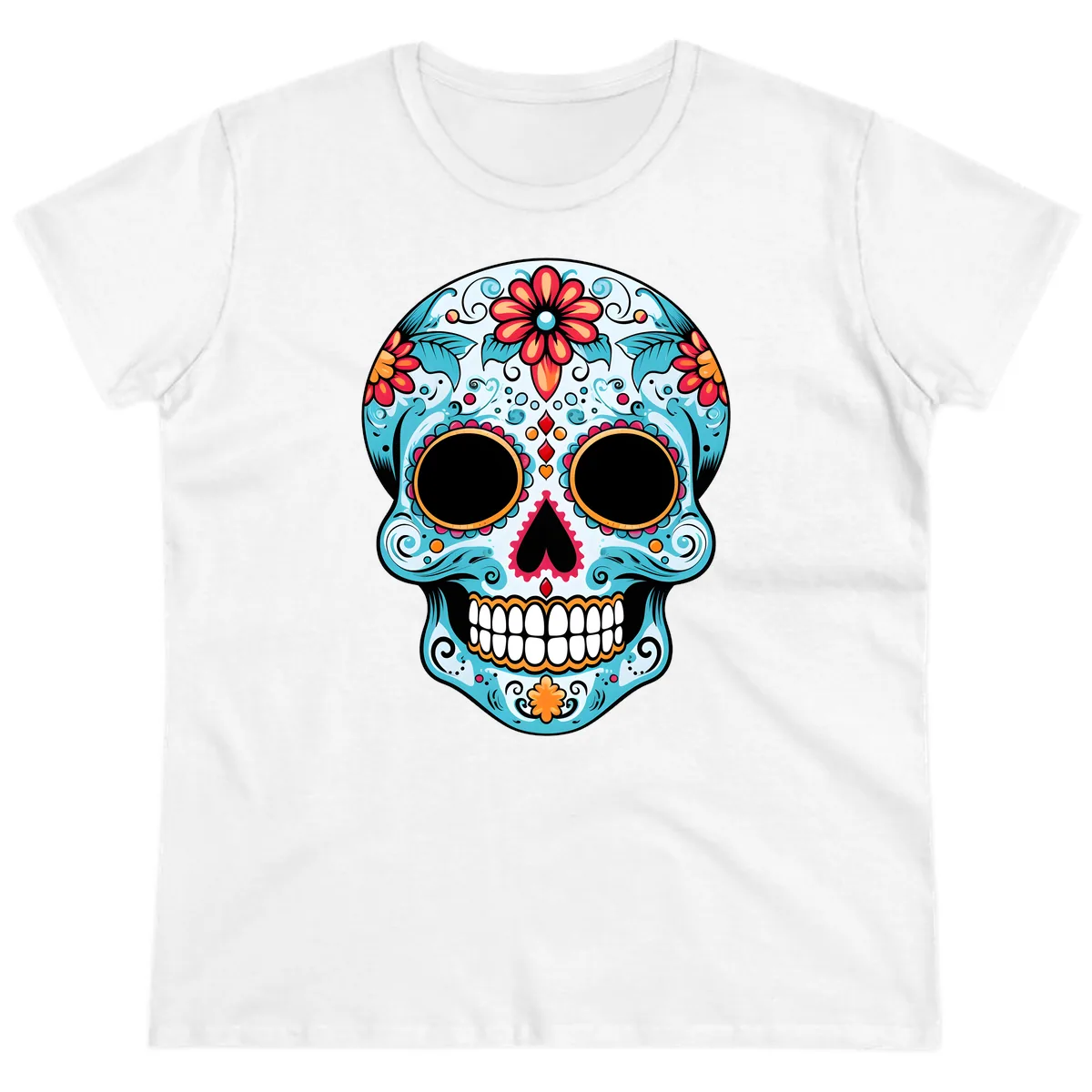 Vibrant Floral Day of the Dead Sugar Skull Ladies Tee in White