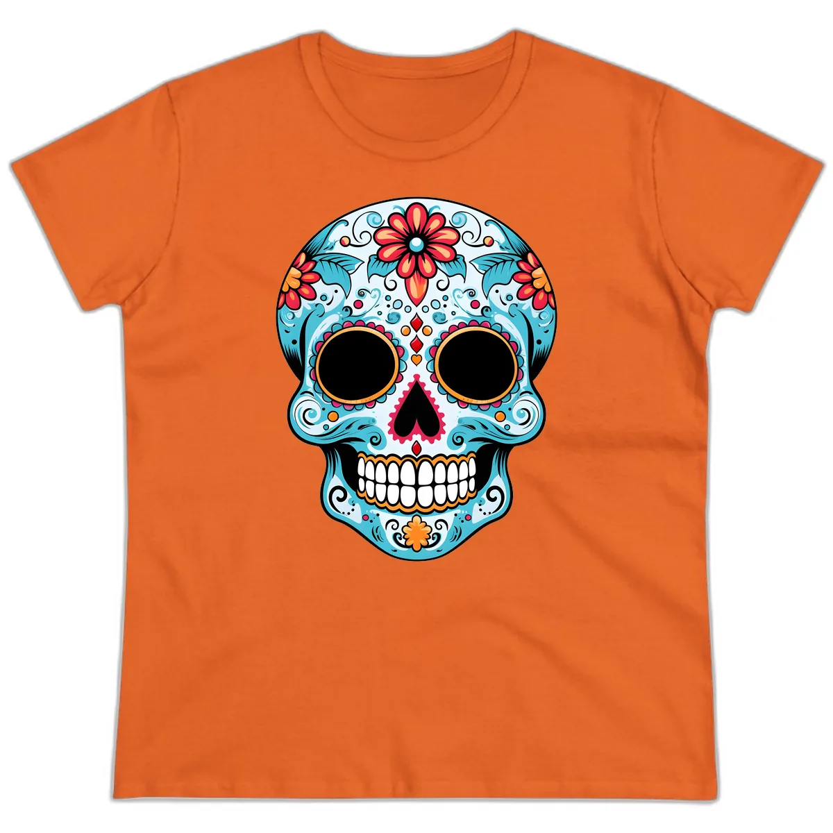 Vibrant Floral Day of the Dead Sugar Skull Ladies Tee in Orange