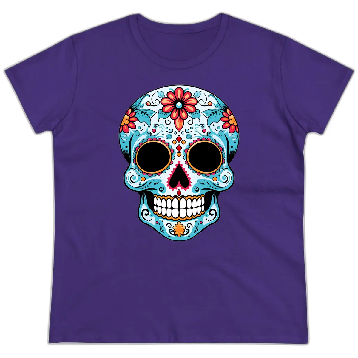 Vibrant Floral Day of the Dead Sugar Skull Ladies Tee in Purple