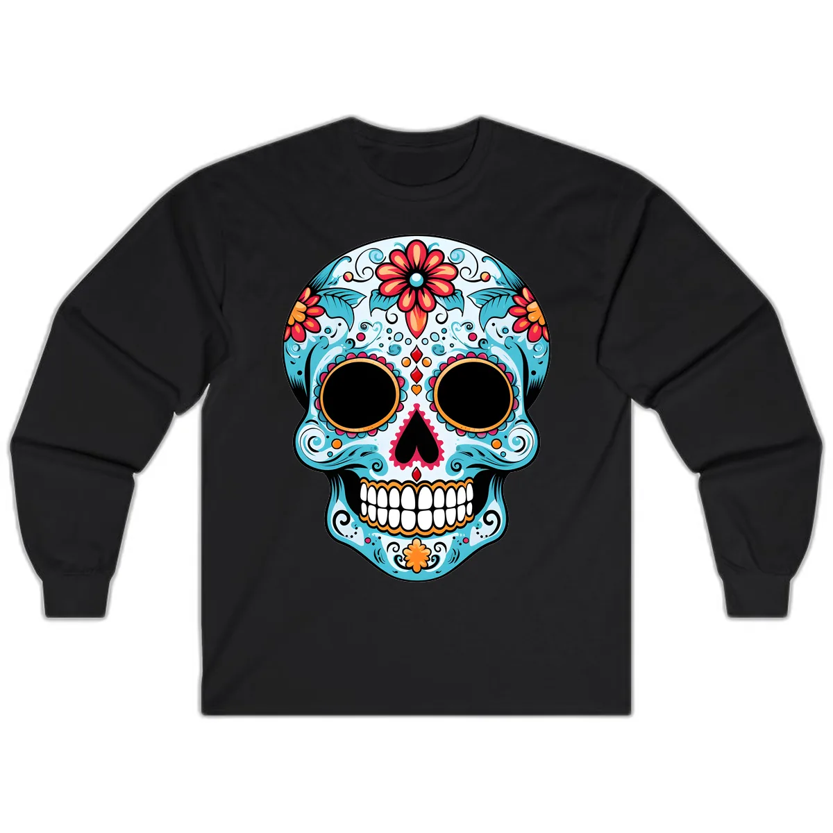 Vibrant Floral Day of the Dead Sugar Skull Long Sleeve in Black