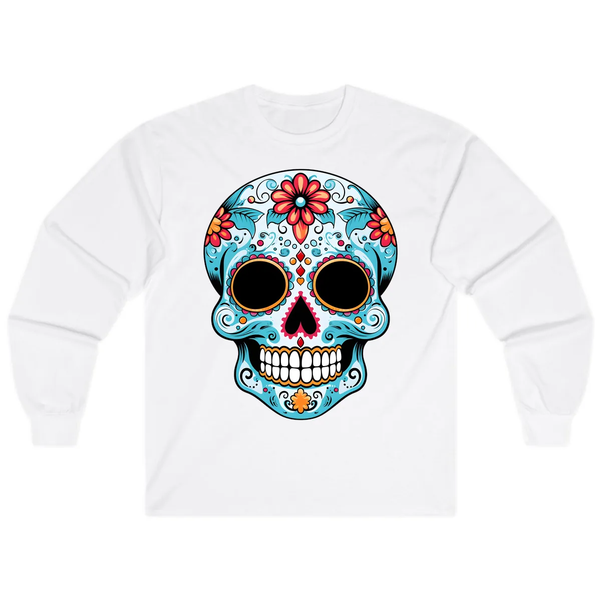 Vibrant Floral Day of the Dead Sugar Skull Long Sleeve in White