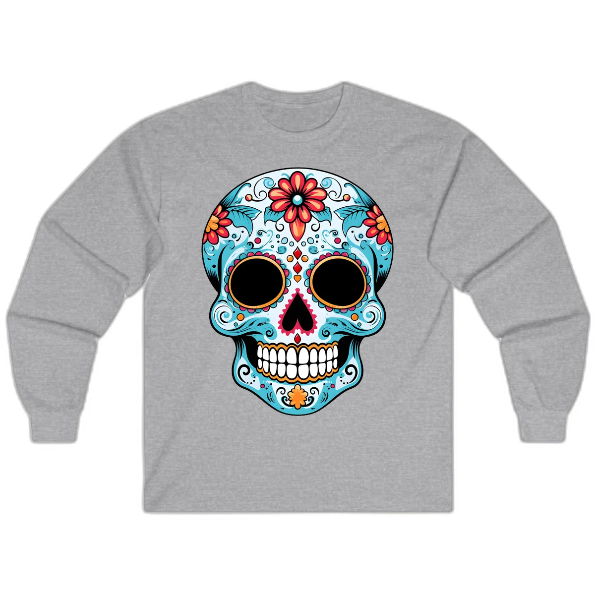 Vibrant Floral Day of the Dead Sugar Skull Long Sleeve in Sport Grey