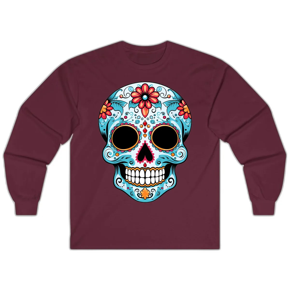 Vibrant Floral Day of the Dead Sugar Skull Long Sleeve in Maroon
