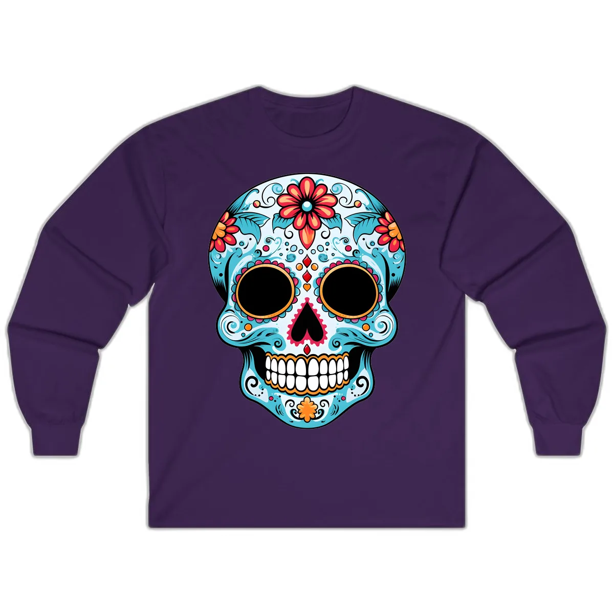 Vibrant Floral Day of the Dead Sugar Skull Long Sleeve in Purple