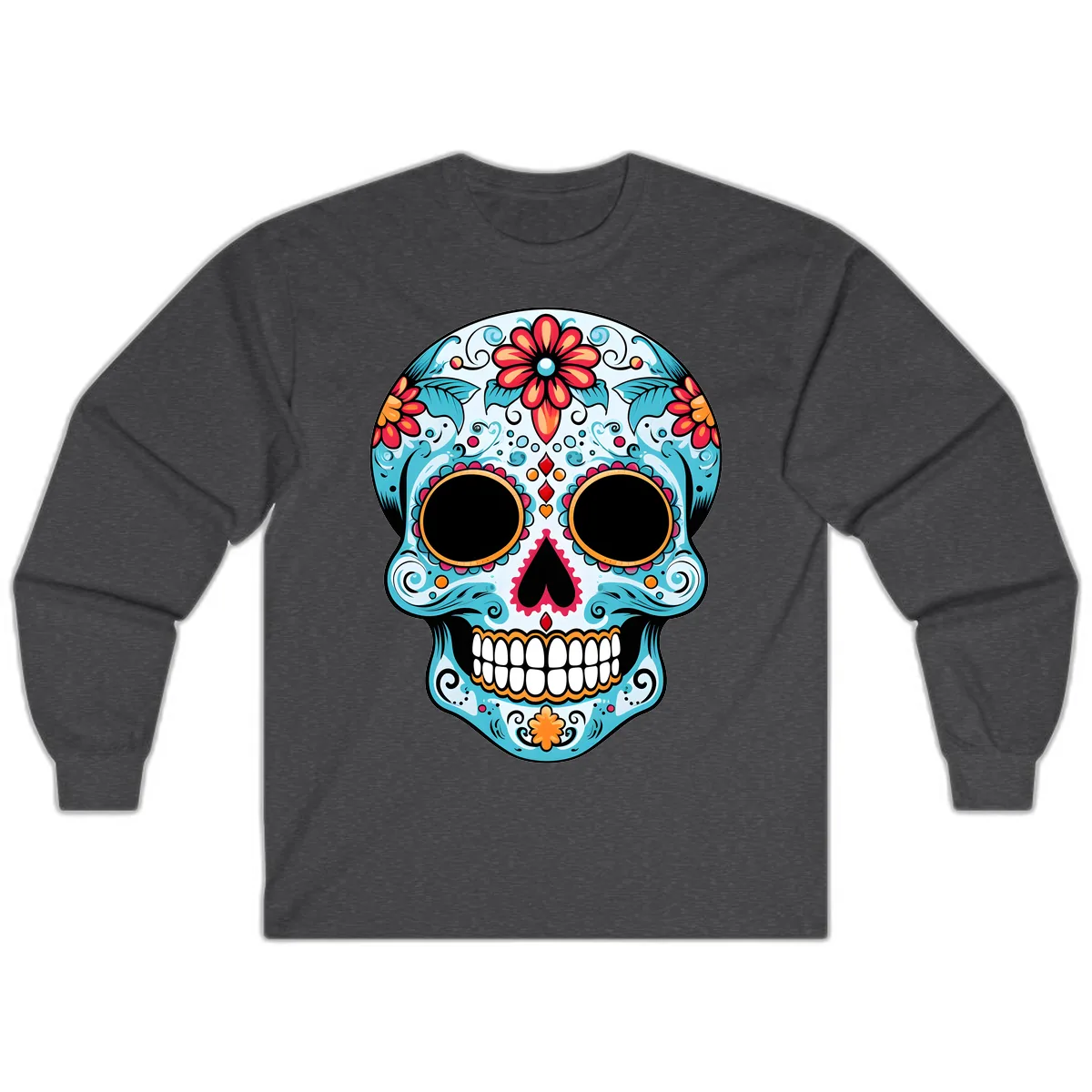 Vibrant Floral Day of the Dead Sugar Skull Long Sleeve in Dark Heather