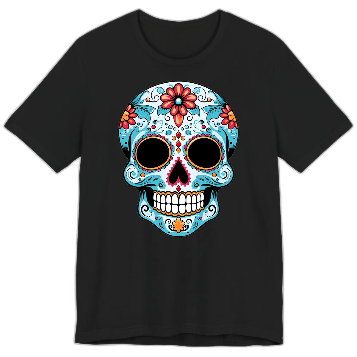 Vibrant Floral Day of the Dead Sugar Skull Premium T-Shirt in Black