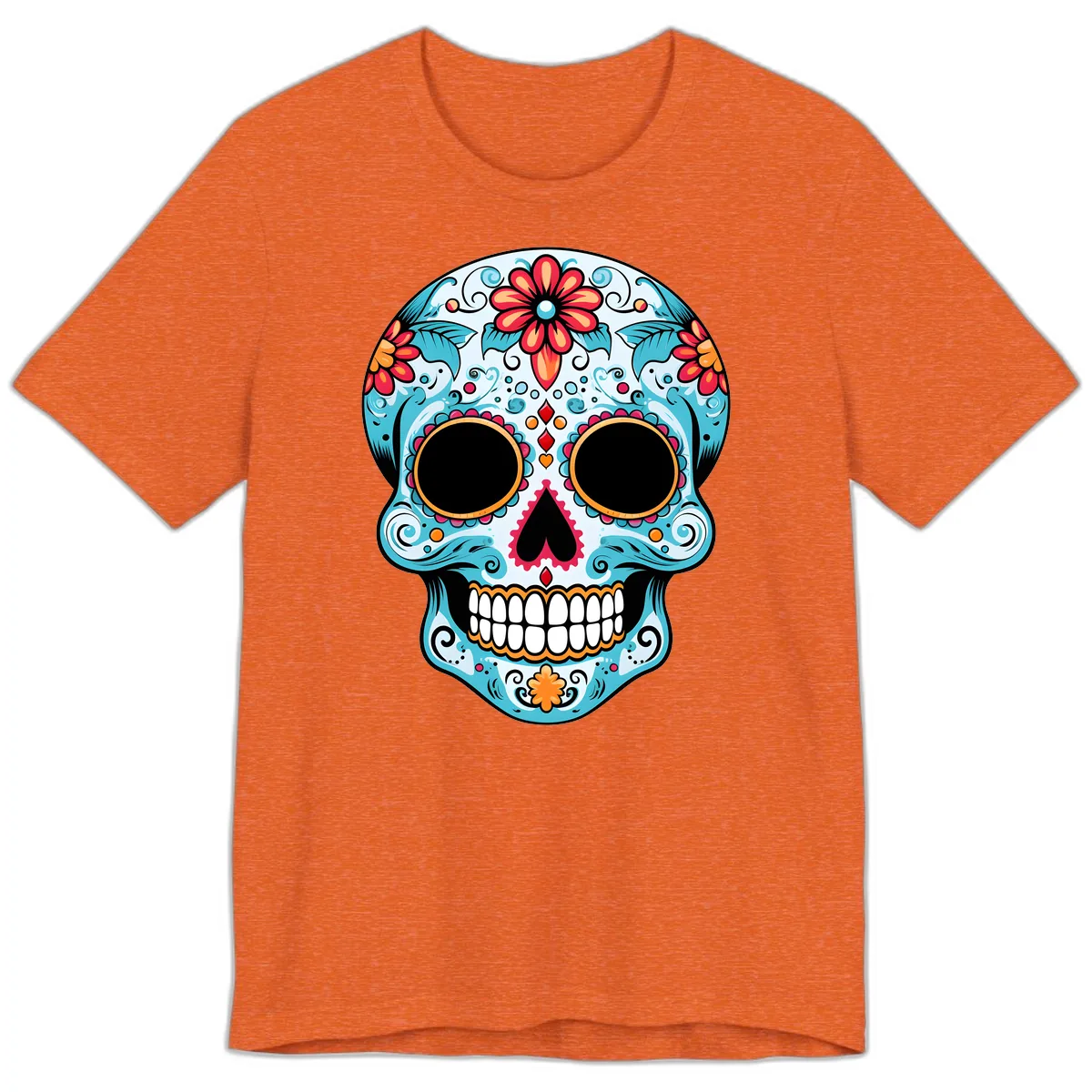 Vibrant Floral Day of the Dead Sugar Skull Premium T-Shirt in Heather Orange