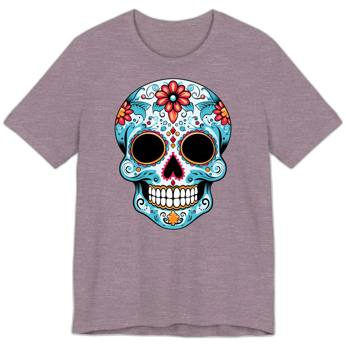 Vibrant Floral Day of the Dead Sugar Skull Premium T-Shirt in Heather Purple