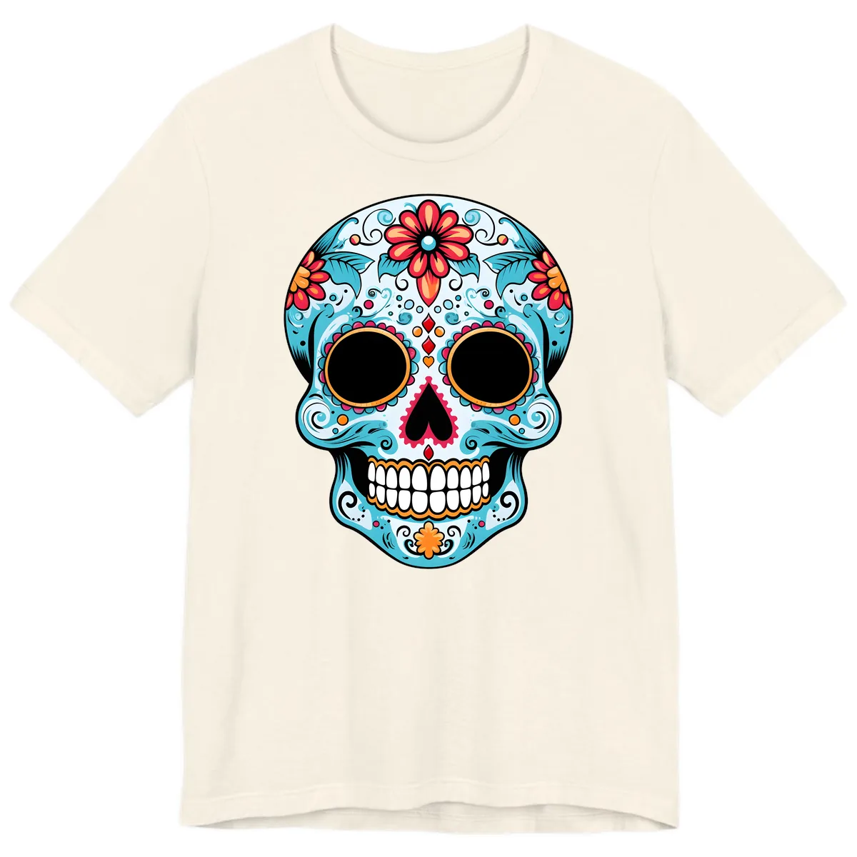 Vibrant Floral Day of the Dead Sugar Skull Premium T-Shirt in Natural