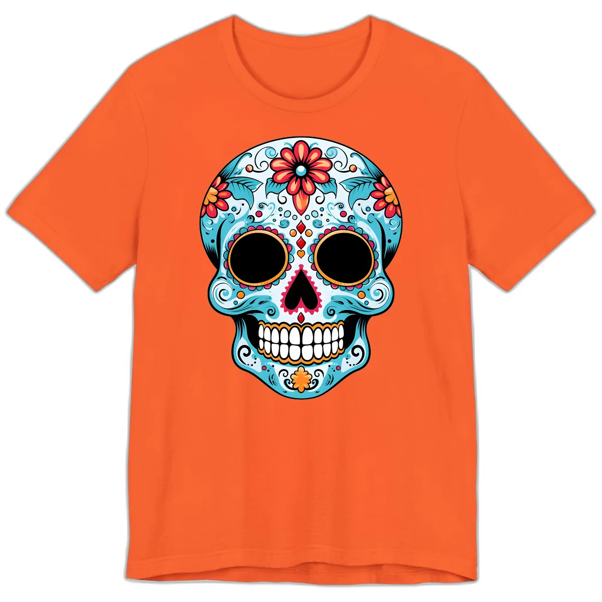 Vibrant Floral Day of the Dead Sugar Skull Premium T-Shirt in Orange