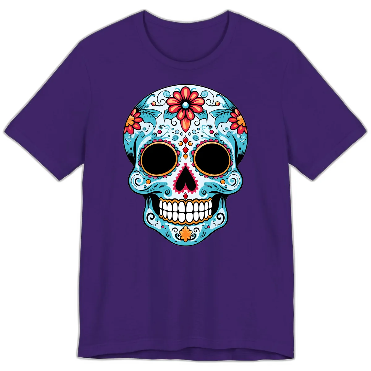 Vibrant Floral Day of the Dead Sugar Skull Premium T-Shirt in Team Purple