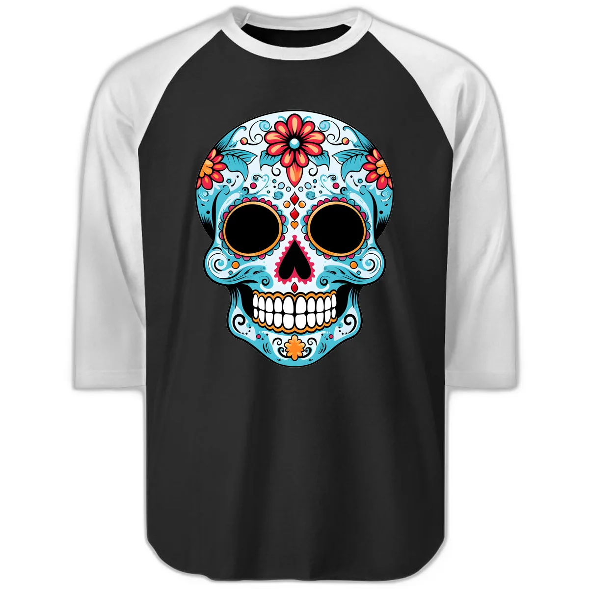 Vibrant Floral Day of the Dead Sugar Skull Raglan 3/4 in Black White