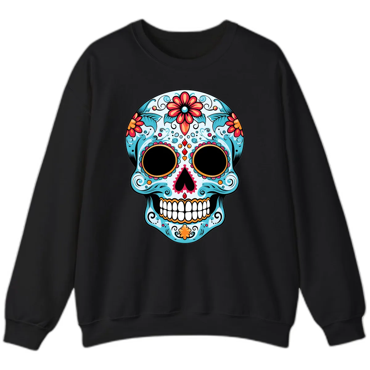 Vibrant Floral Day of the Dead Sugar Skull Sweatshirt in Black