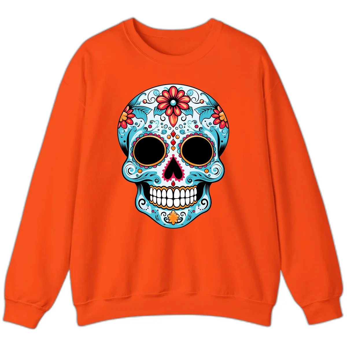 Vibrant Floral Day of the Dead Sugar Skull Sweatshirt in Orange