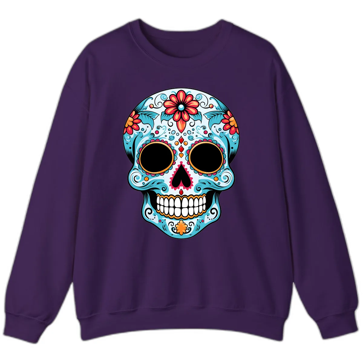 Vibrant Floral Day of the Dead Sugar Skull Sweatshirt in Purple