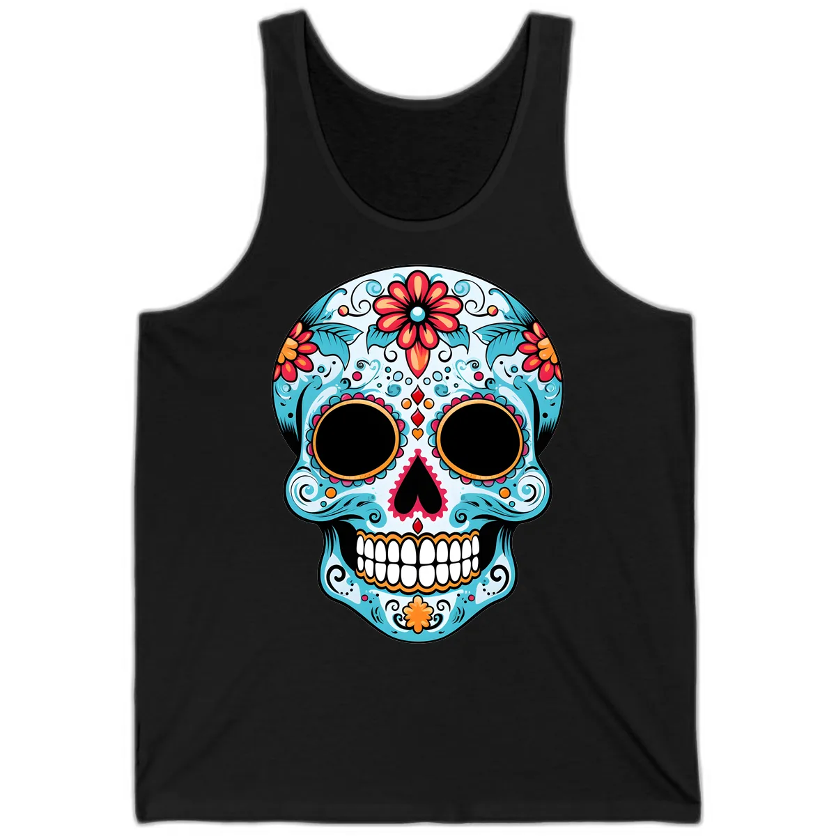 Vibrant Floral Day of the Dead Sugar Skull Tank in Black