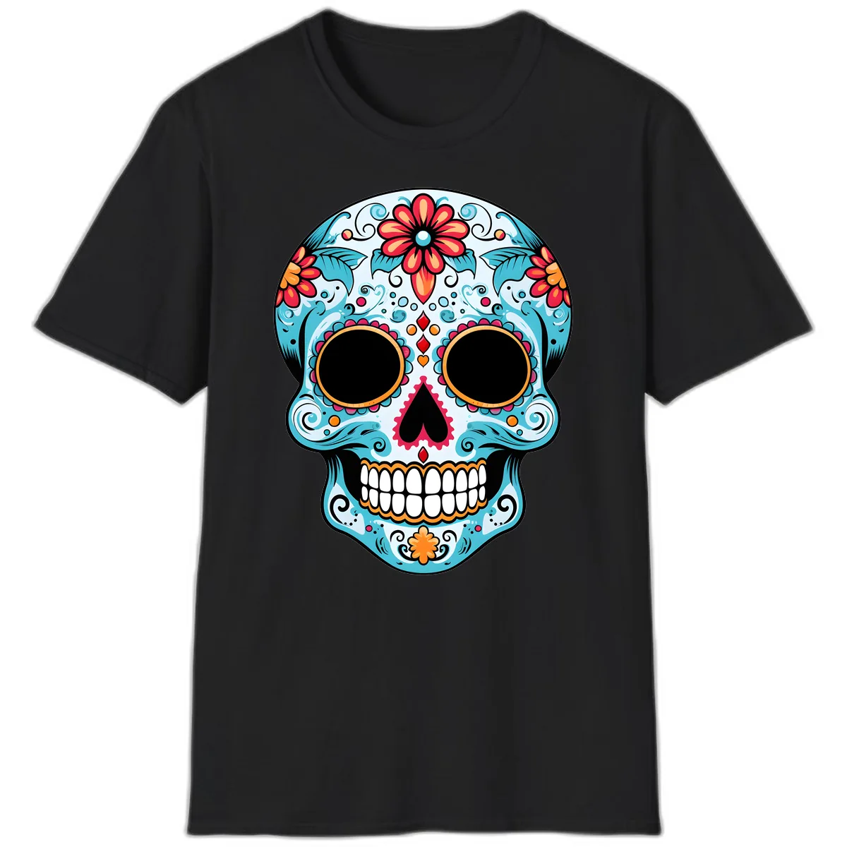 Vibrant Floral Day of the Dead Sugar Skull T-Shirt in Black