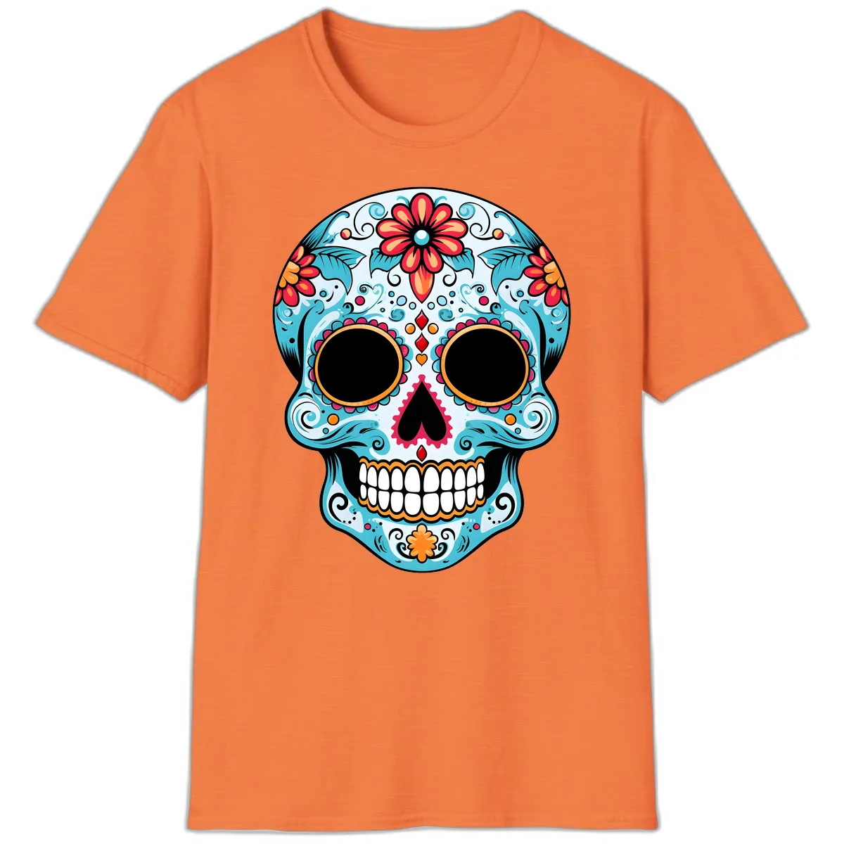 Vibrant Floral Day of the Dead Sugar Skull T-Shirt in Heather Orange