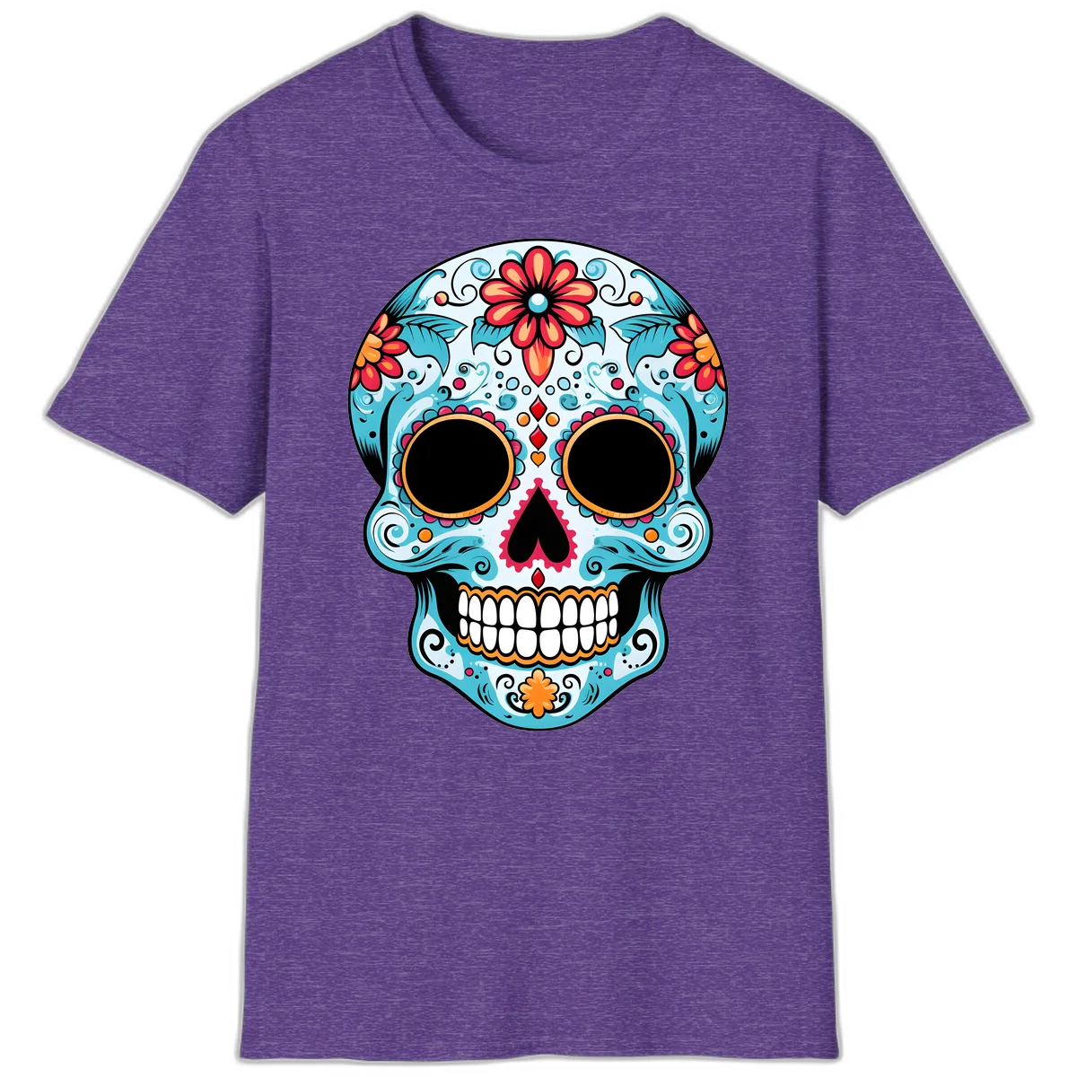 Vibrant Floral Day of the Dead Sugar Skull T-Shirt in Heather Purple