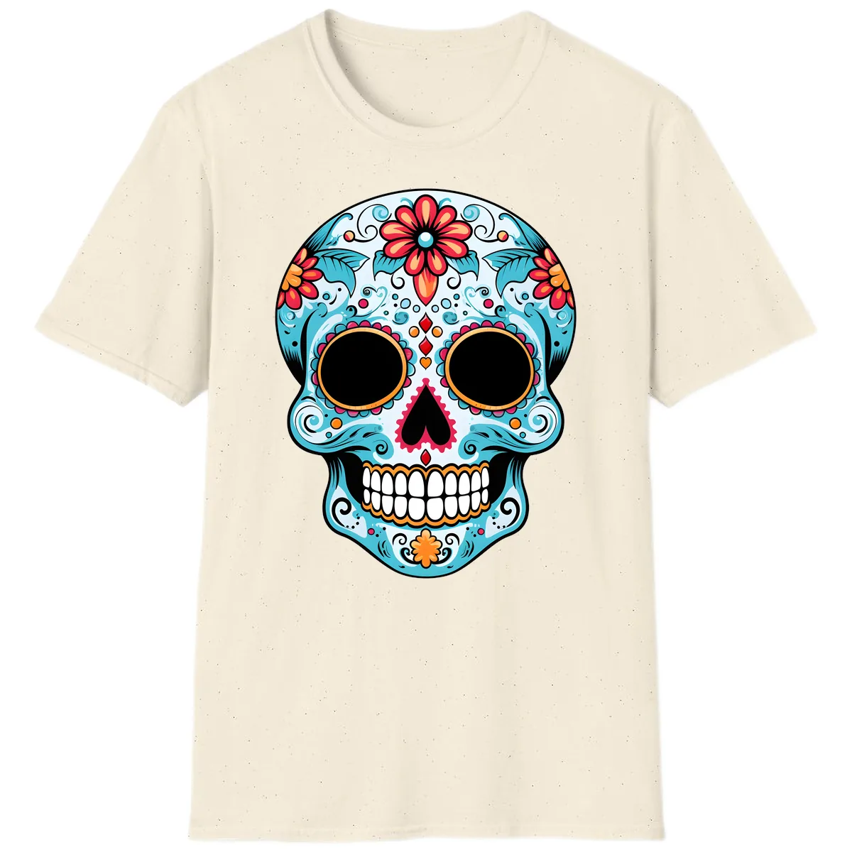 Vibrant Floral Day of the Dead Sugar Skull T-Shirt in Natural