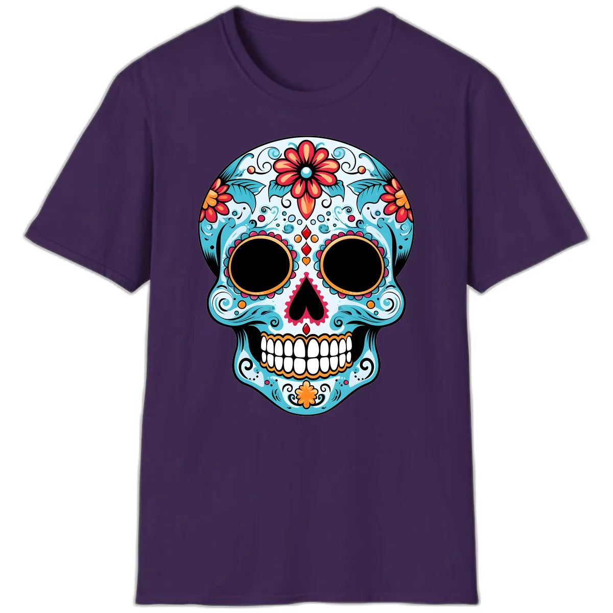 Vibrant Floral Day of the Dead Sugar Skull T-Shirt in Purple