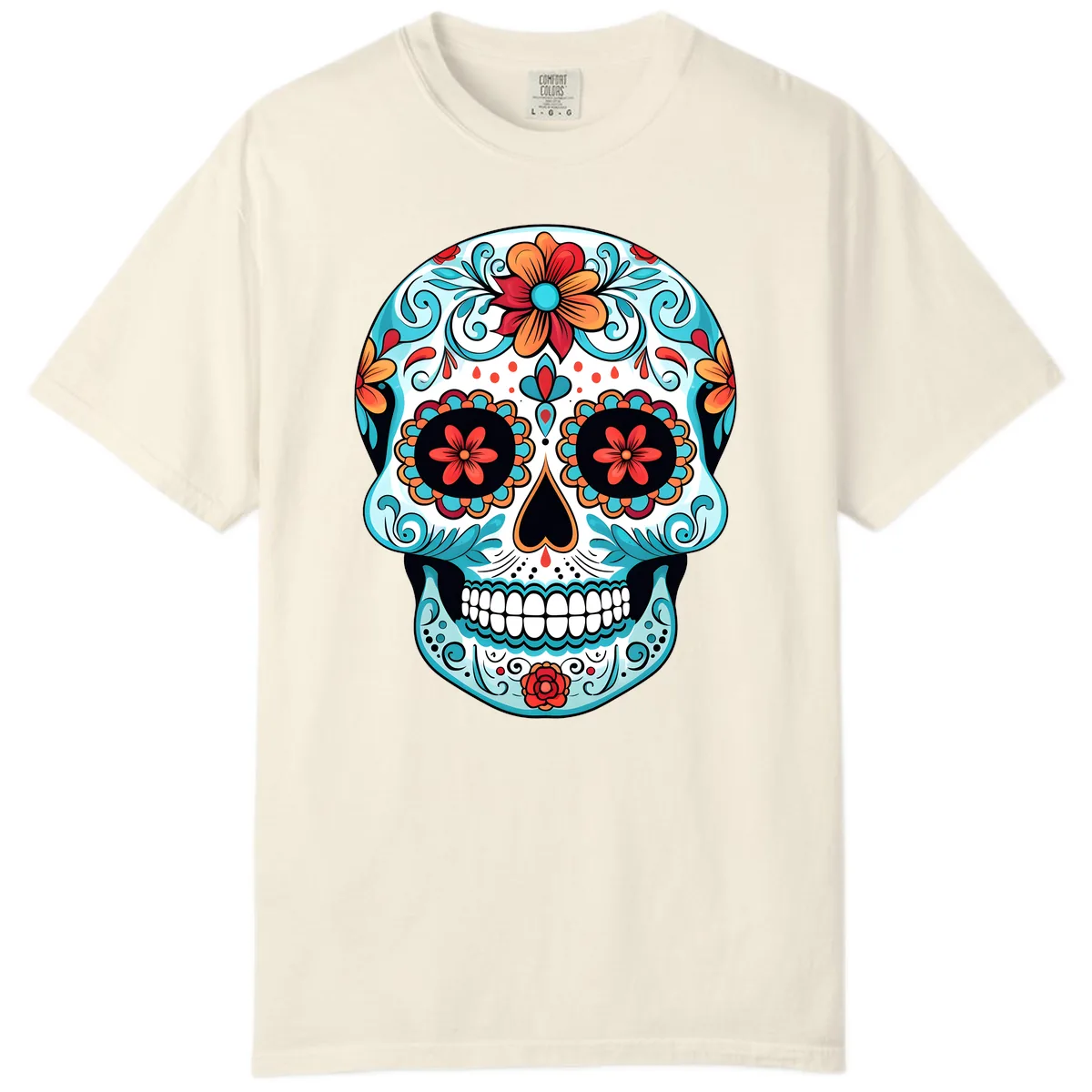 Vibrant Floral Calavera Sugar Skull Art Comfort Color in Ivory