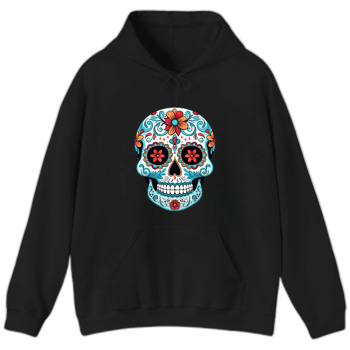 Vibrant Floral Calavera Sugar Skull Art Hoodie in Black