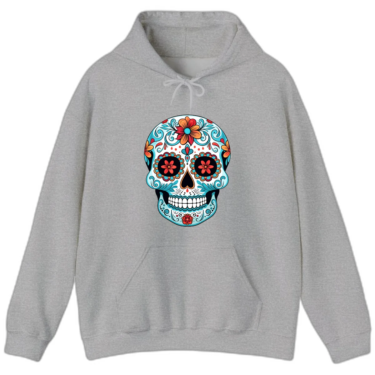 Vibrant Floral Calavera Sugar Skull Art Hoodie in Sport Grey