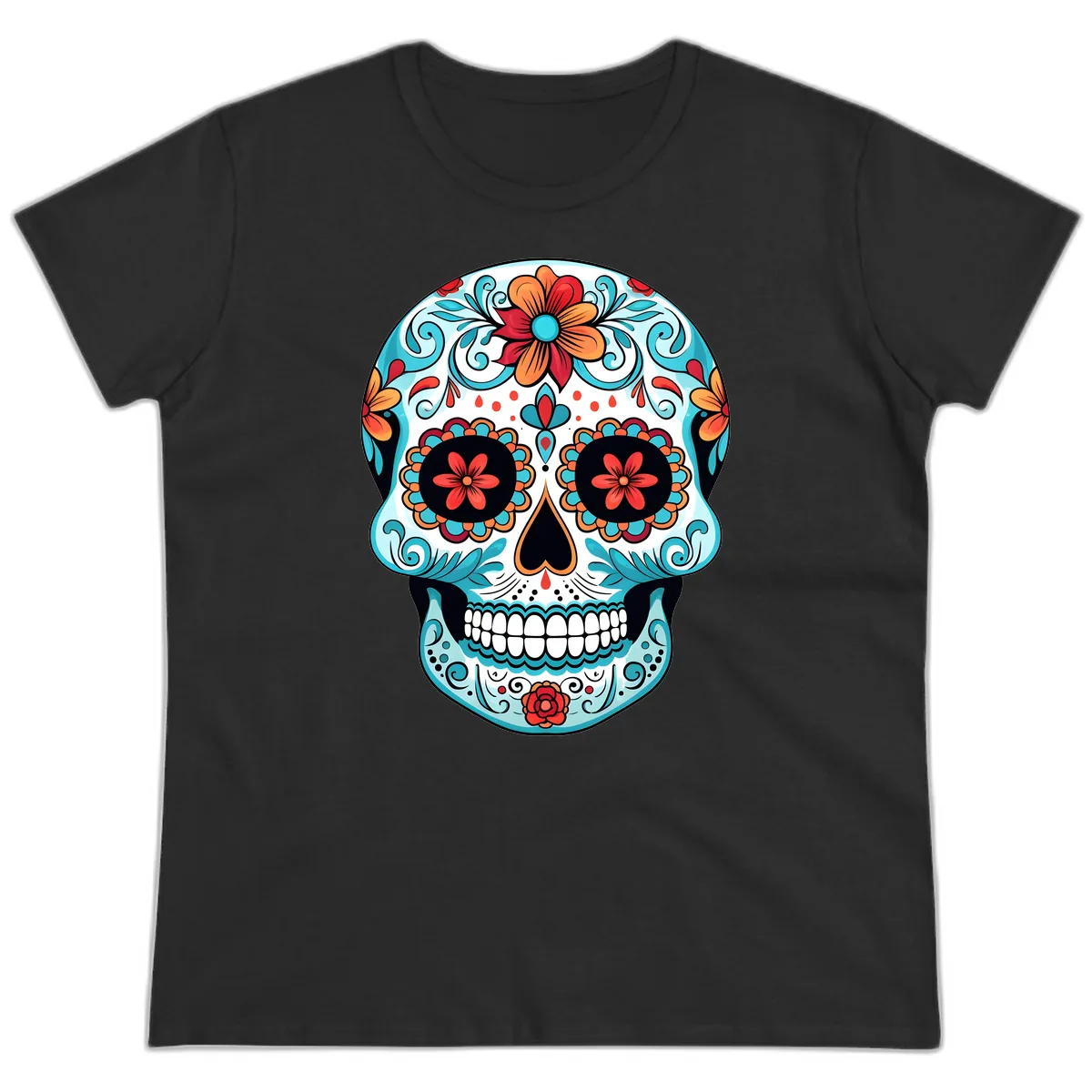 Vibrant Floral Calavera Sugar Skull Art Ladies Tee in Black
