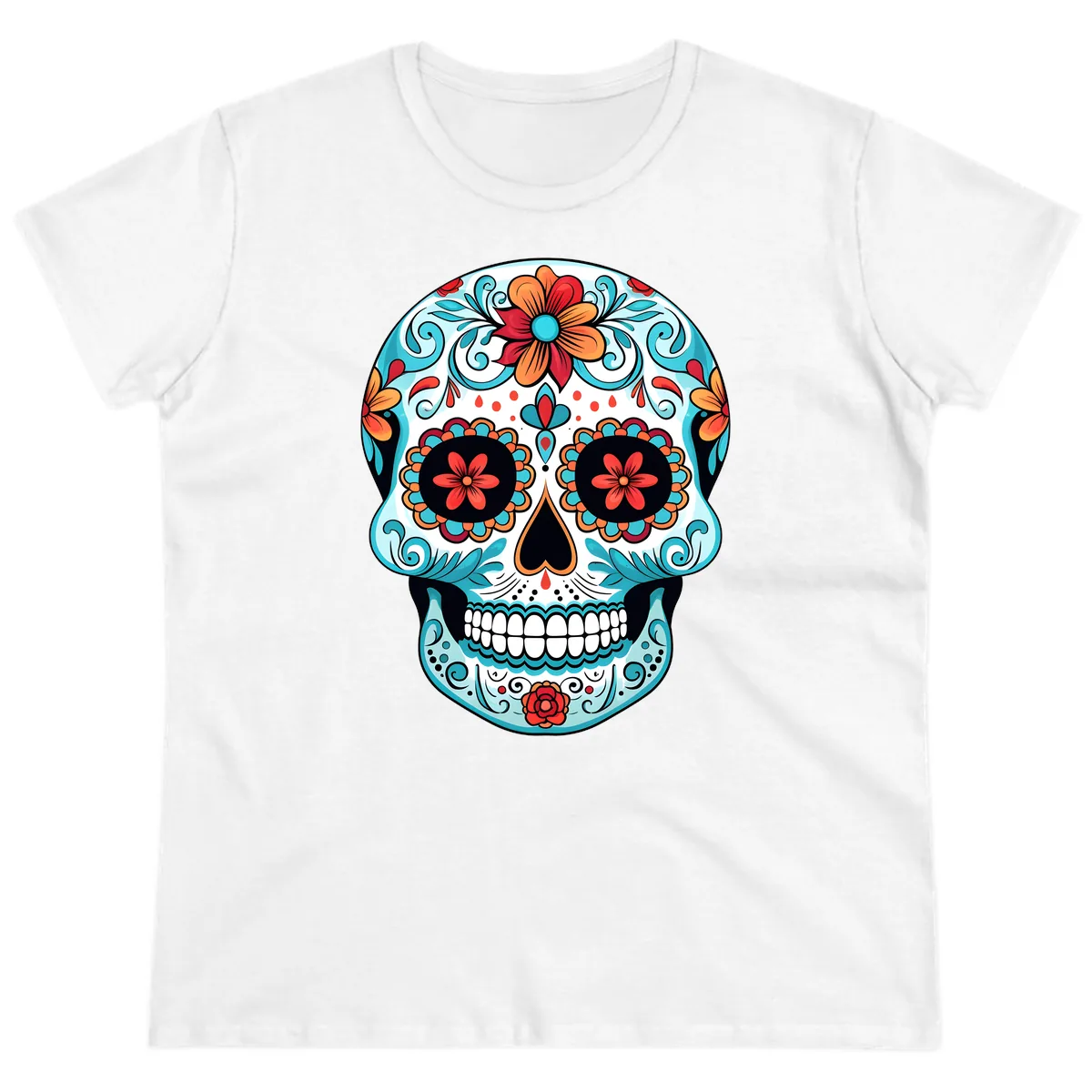 Vibrant Floral Calavera Sugar Skull Art Ladies Tee in White