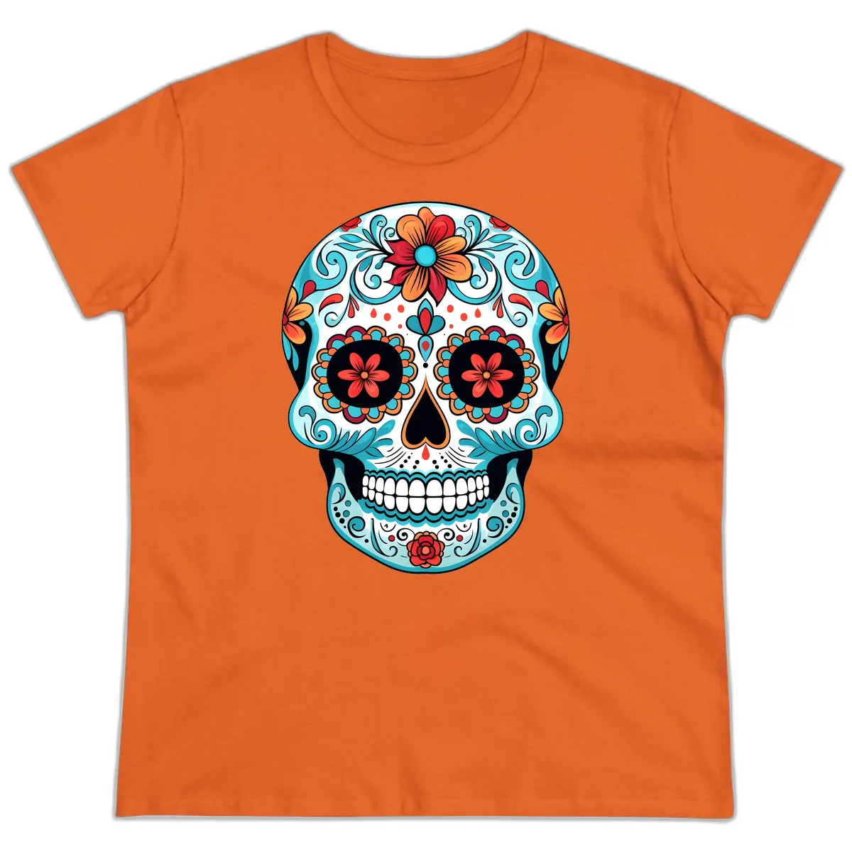 Vibrant Floral Calavera Sugar Skull Art Ladies Tee in Orange