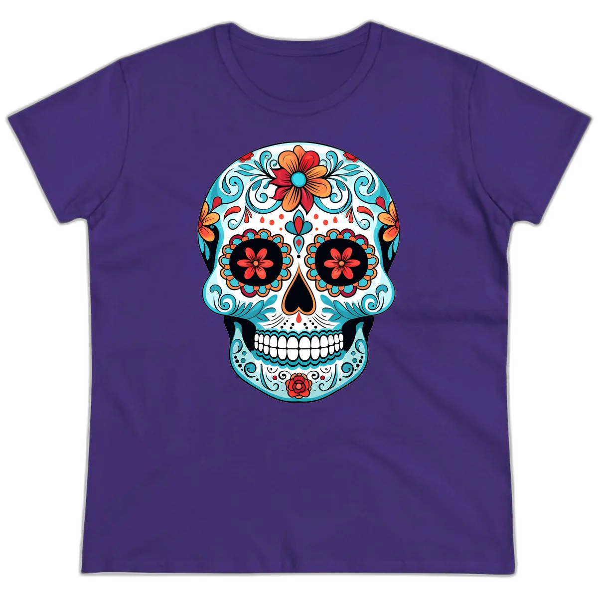 Vibrant Floral Calavera Sugar Skull Art Ladies Tee in Purple