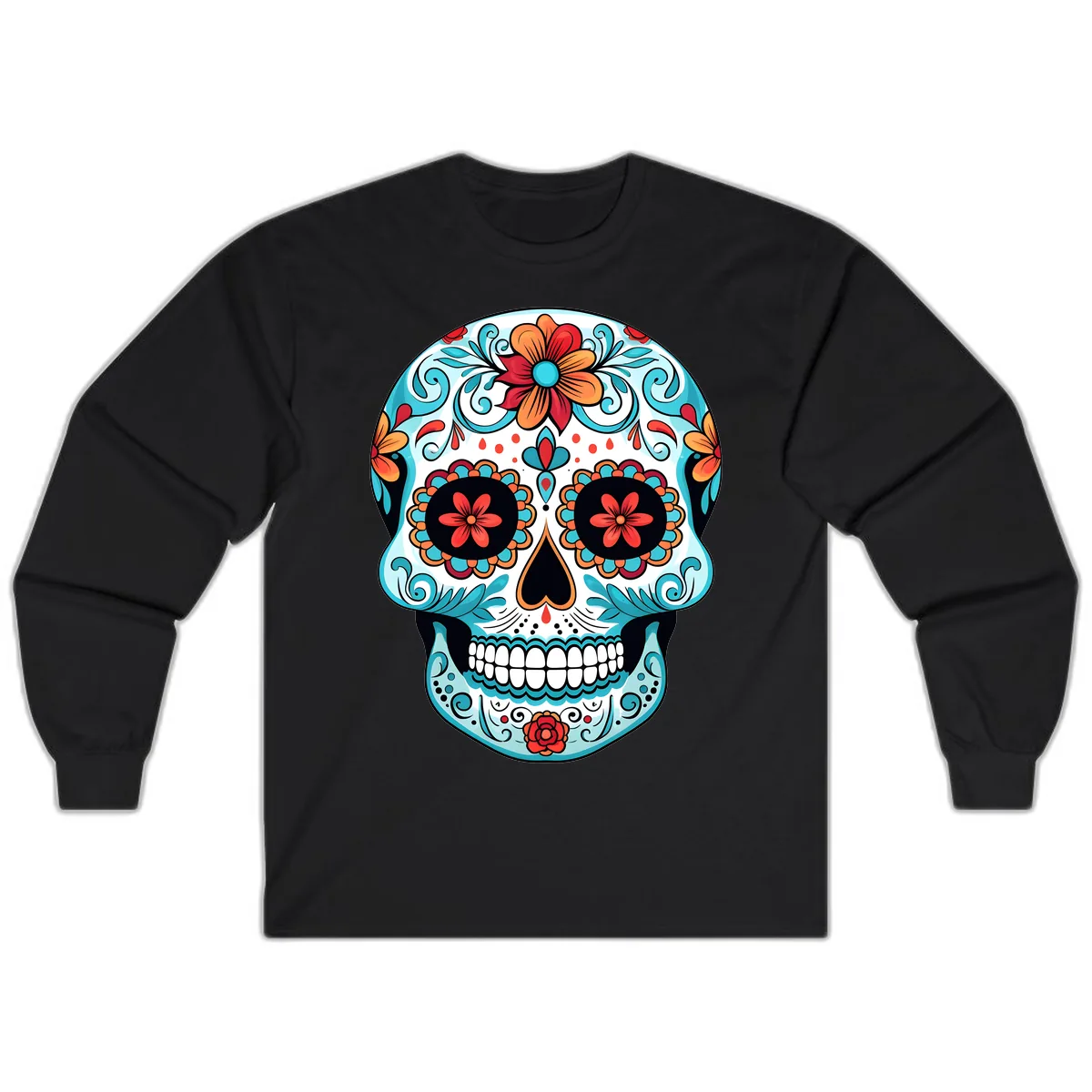 Vibrant Floral Calavera Sugar Skull Art Long Sleeve in Black