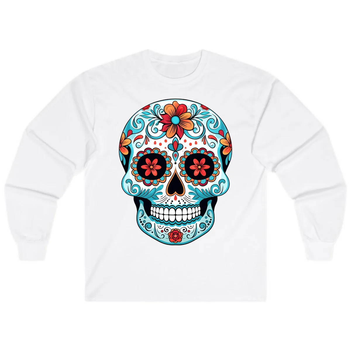 Vibrant Floral Calavera Sugar Skull Art Long Sleeve in White