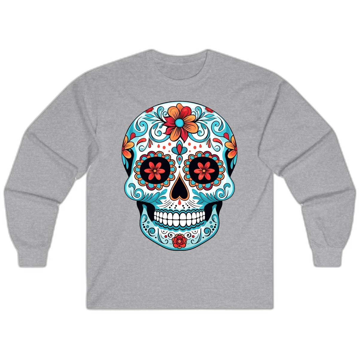 Vibrant Floral Calavera Sugar Skull Art Long Sleeve in Sport Grey