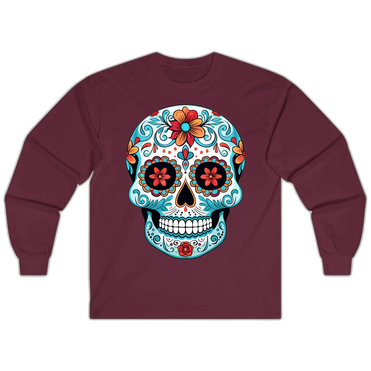 Vibrant Floral Calavera Sugar Skull Art Long Sleeve in Maroon