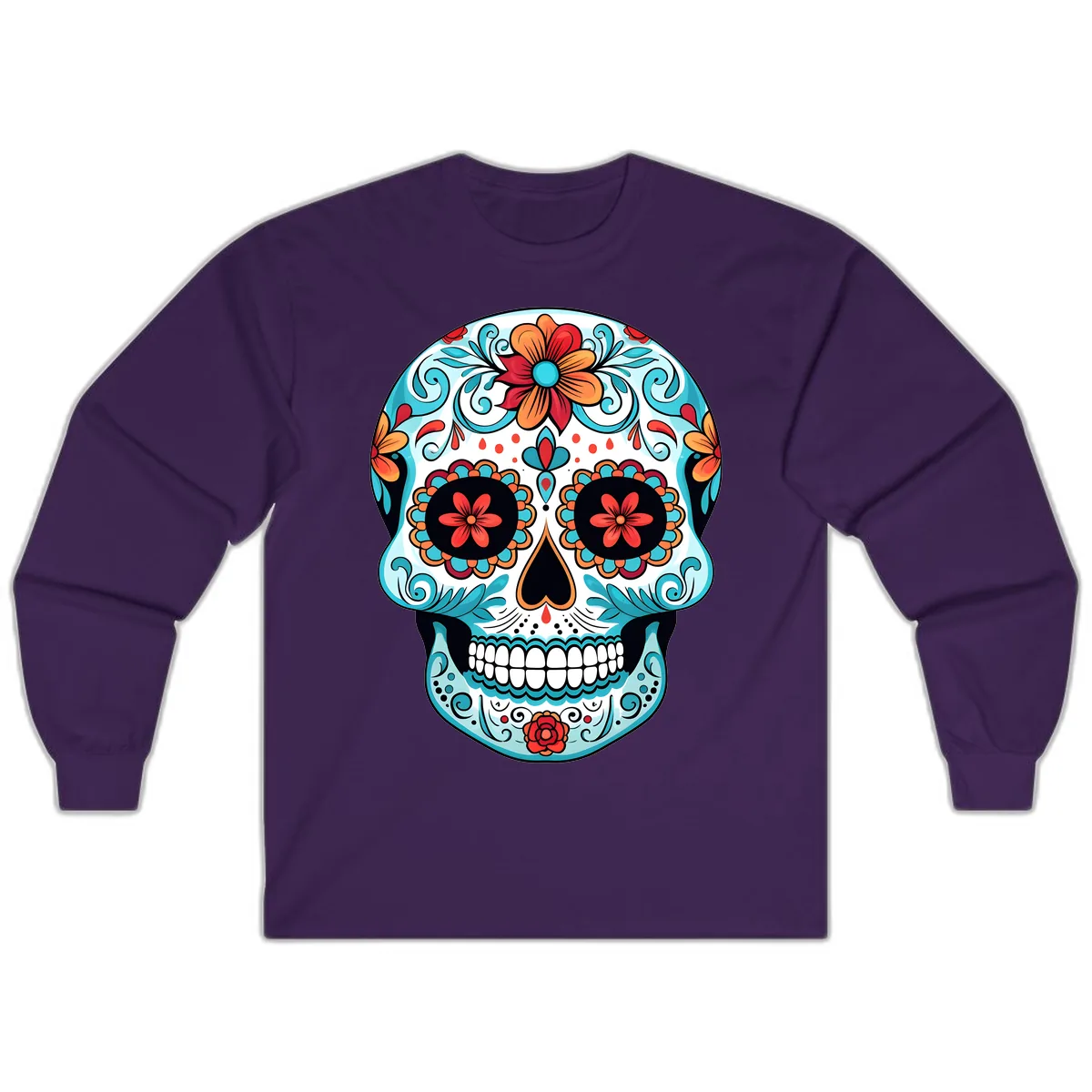 Vibrant Floral Calavera Sugar Skull Art Long Sleeve in Purple