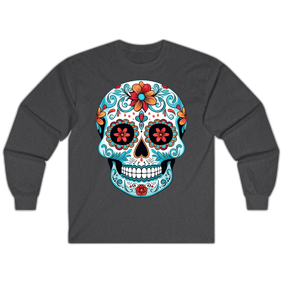 Vibrant Floral Calavera Sugar Skull Art Long Sleeve in Dark Heather