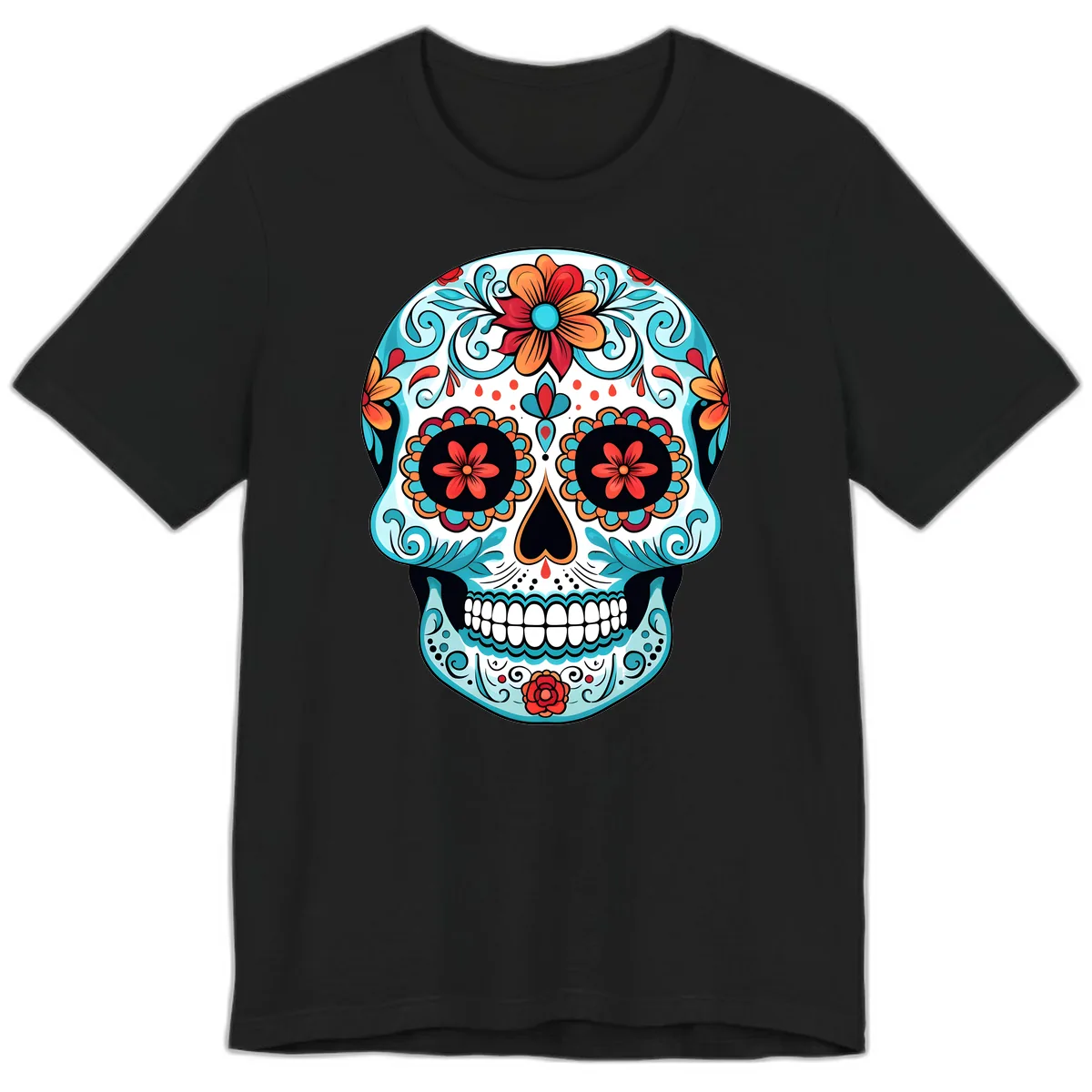 Vibrant Floral Calavera Sugar Skull Art Premium T-Shirt in Black