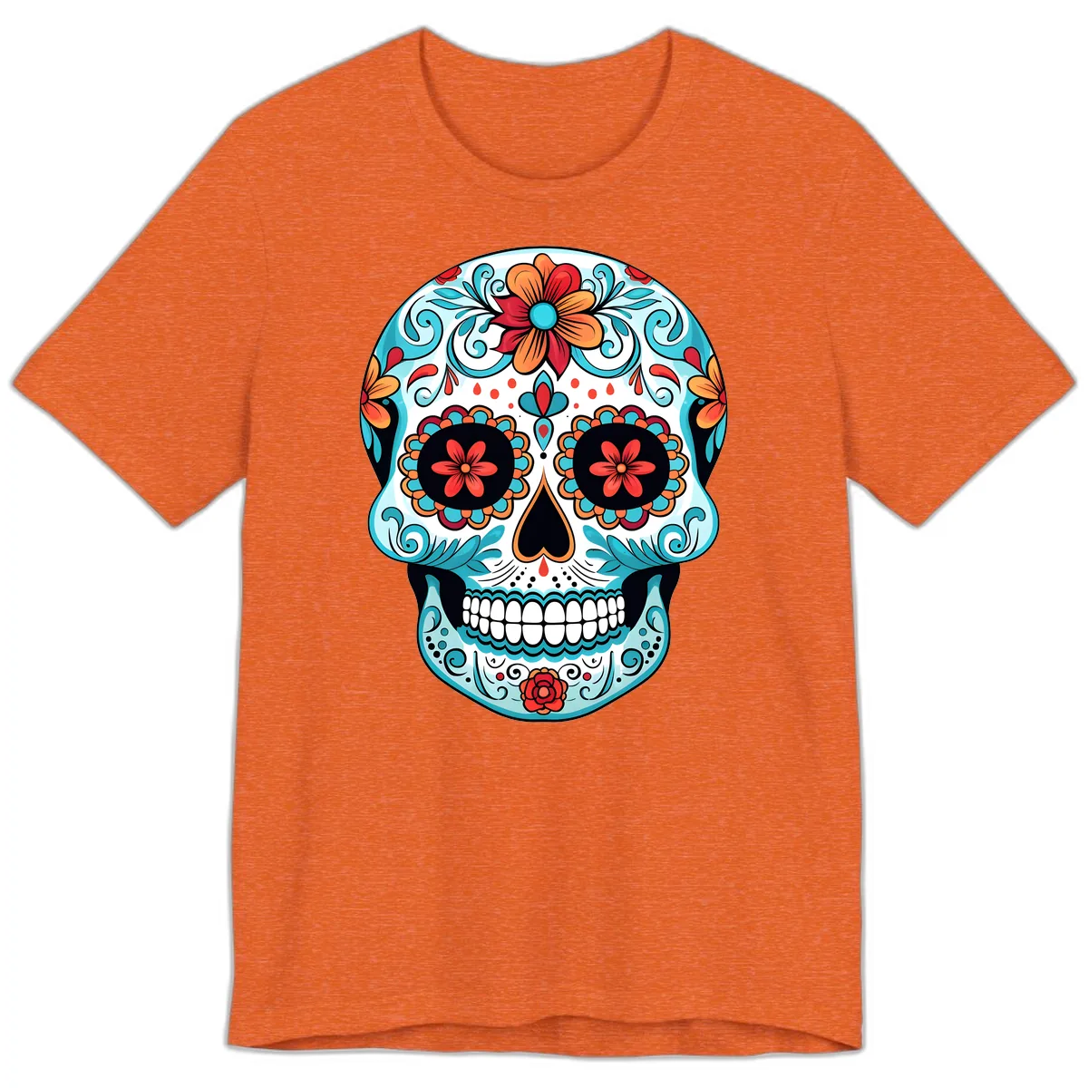Vibrant Floral Calavera Sugar Skull Art Premium T-Shirt in Heather Orange